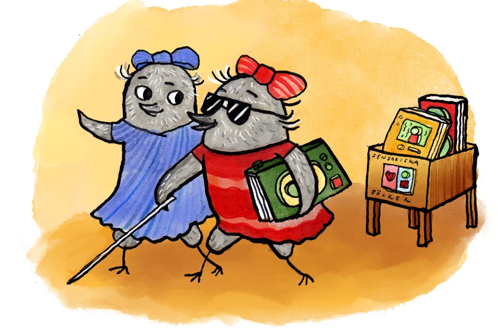 Illustration av två ugglor på ett bibliotek. Den ana ugglan är blind och har en blindkäpp. 